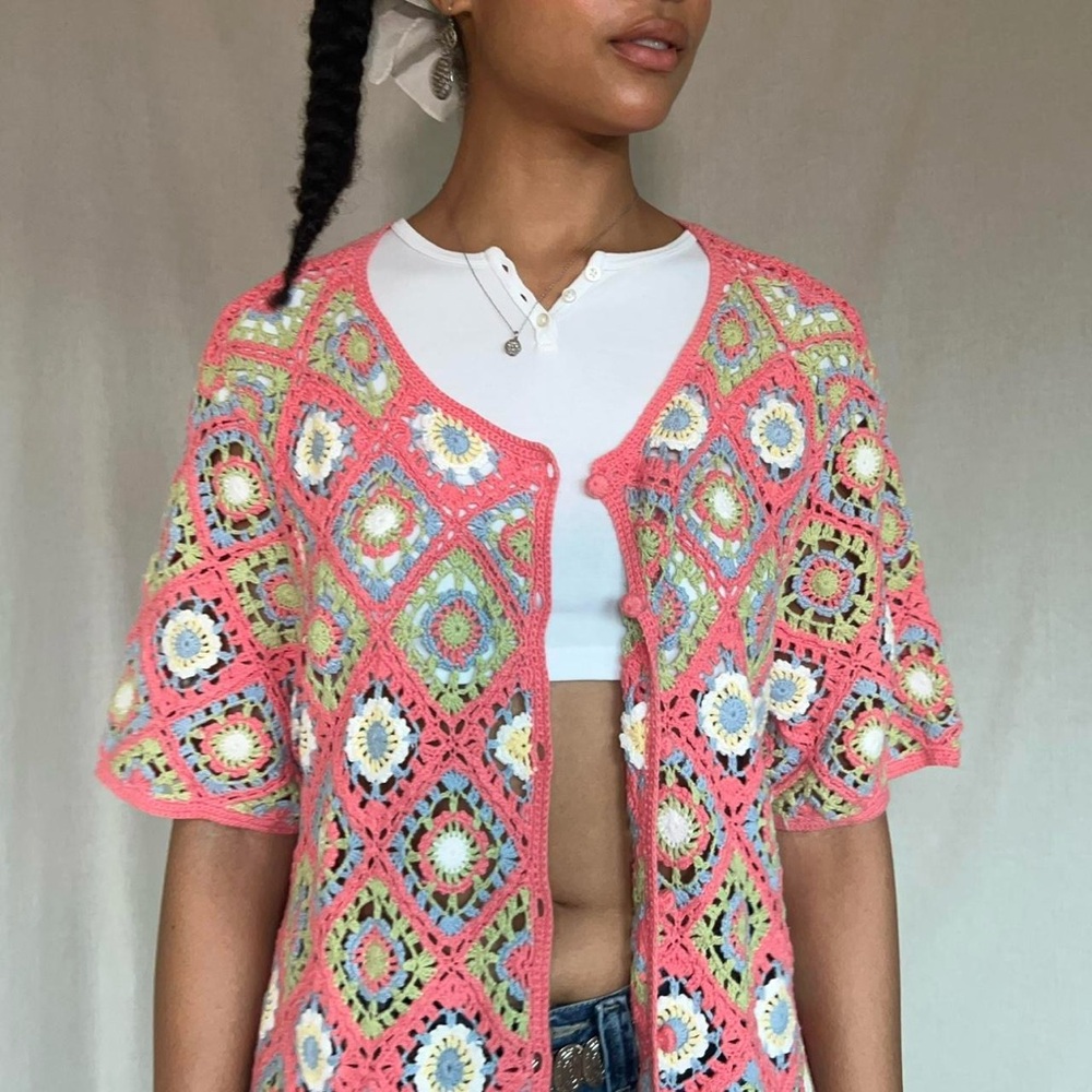 Vintage pink crochet short sleeve cardigan, BFA classics, Sz. 1X - Picture 2 of 8